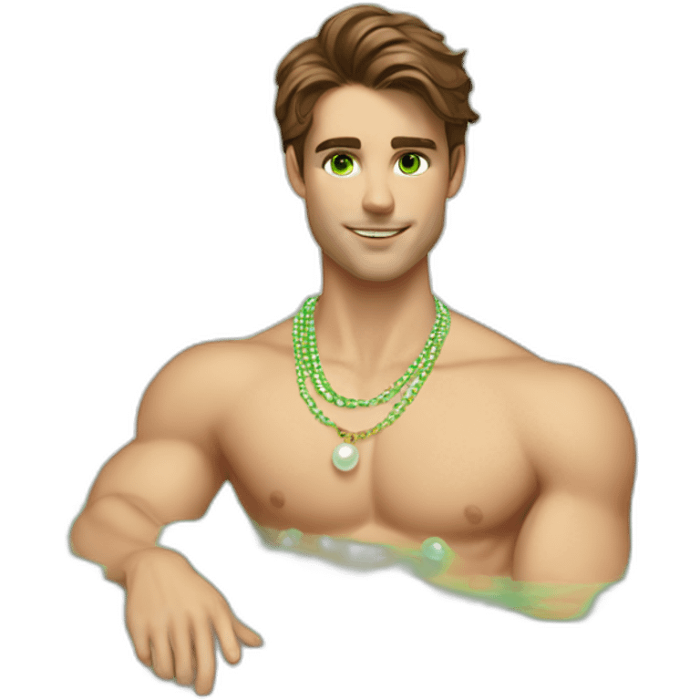 Posh-muscle-boy-brown-hair-green-eyes-pearl-necklace-in-golden-bathtub emoji