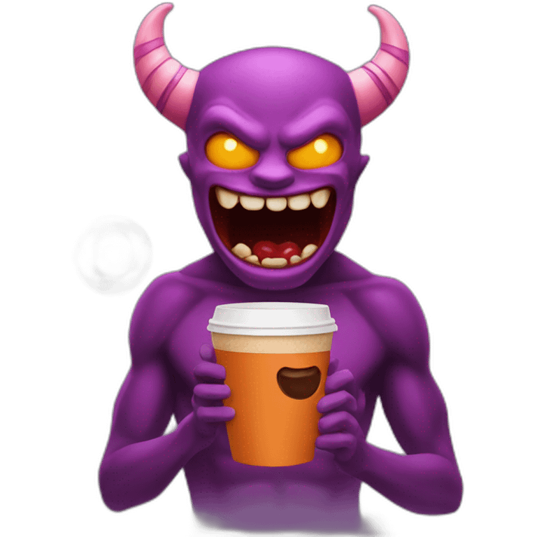 a demon holding a dunkin donuts coffee cup emoji