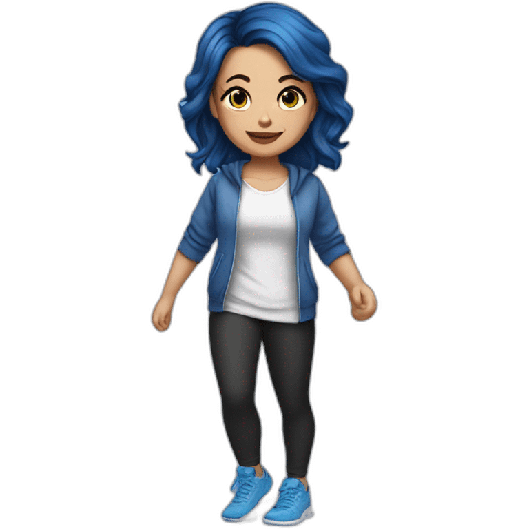 Short brunette, leggings, blue walking shoes, half arm tattoo emoji