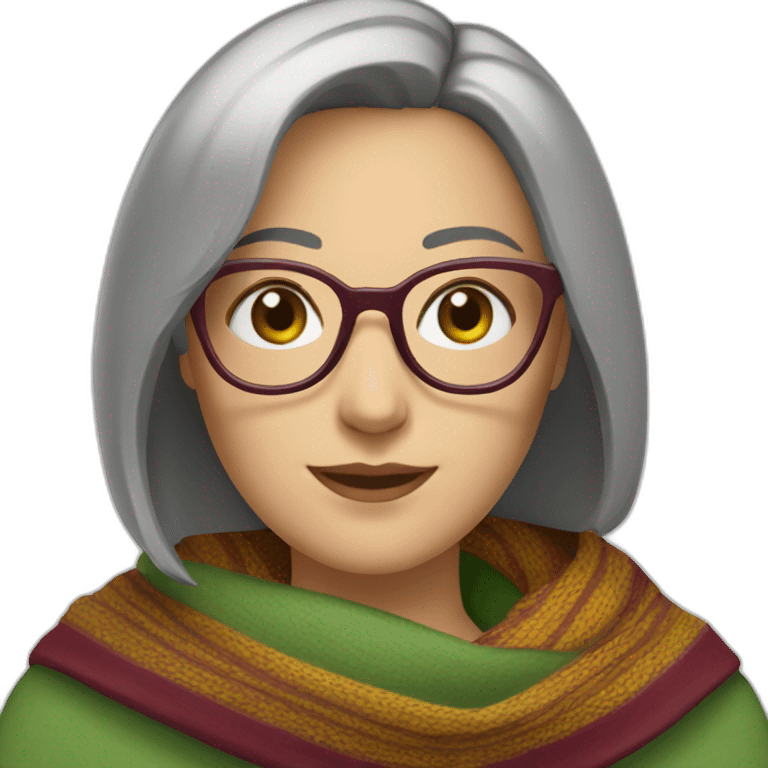 white-woman-with-gray-short-bob-green-eyes-and-brown-glasses-wearing-colorful-shawl-and-burgundy-top emoji