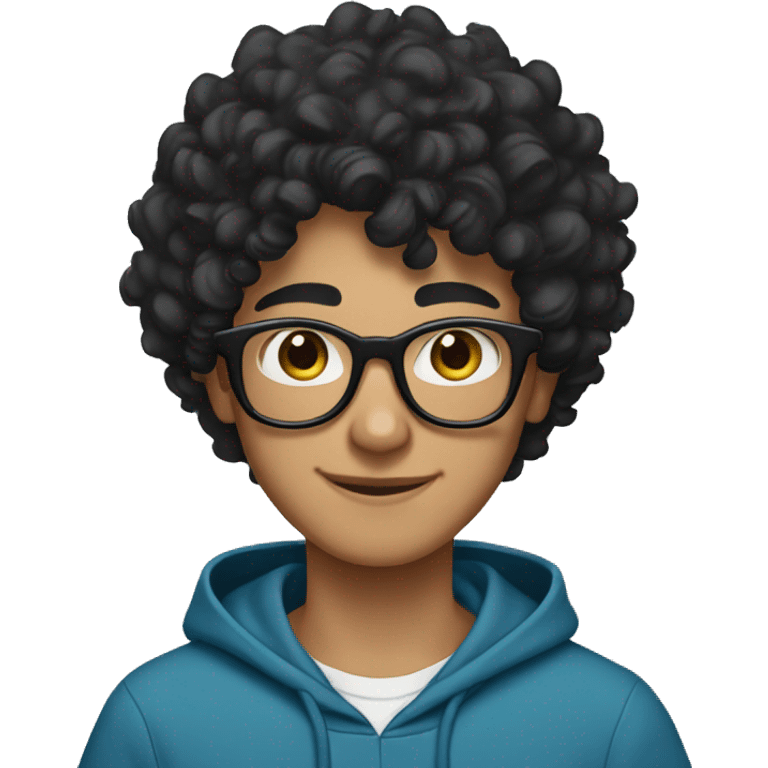 Cheerful Pakistani teenage boy with black curly hair and black glasses. He's wearing a blue hoodie. emoji