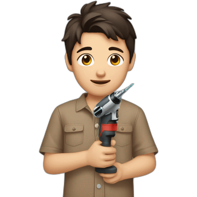 short dark hair white young boy in brown button up shirt with a tshirt under holding a drill and wood emoji