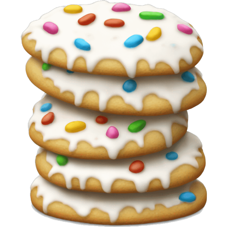 side view, pile of white iced christmas cookie with sprinkles emoji