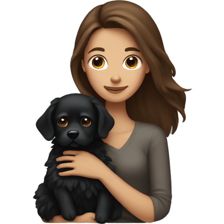 Long brown haired woman holding fluffy black dog emoji