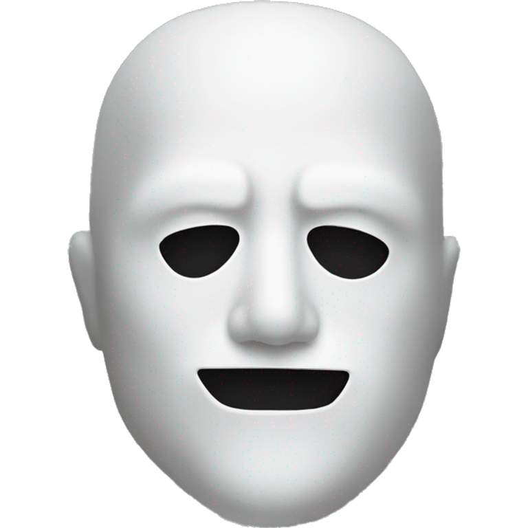 Man wearing circular white mask with black eyes and a line mouth emoji