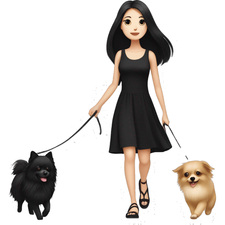 pale girl with long black hair wearing black dress walking with pomeranian emoji