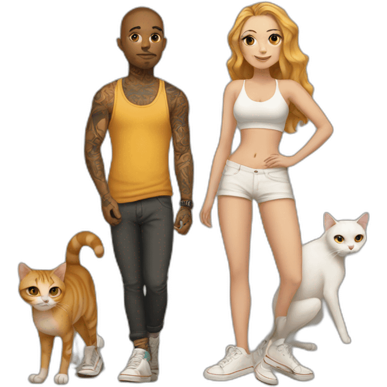 Tan skater and White Girl with tattoos holding 2 fat cats emoji