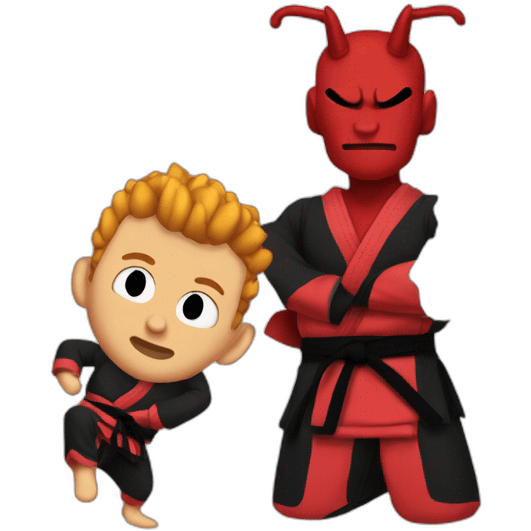 Tall skinny red devil wearing a Jiu-Jitsu black gi with a black belt  emoji