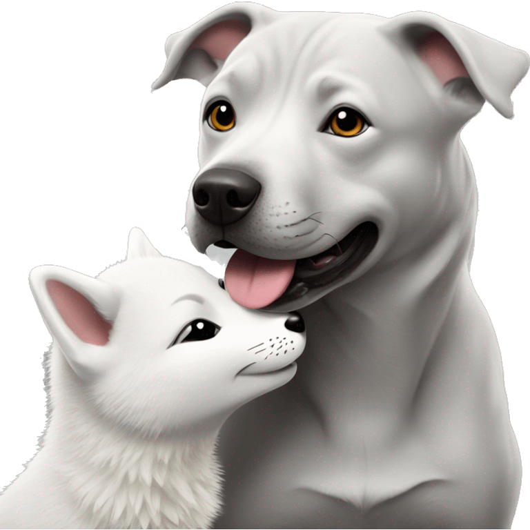 Grey Staffy dog kissing an arctic fox emoji