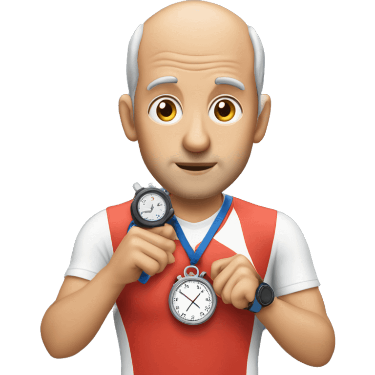 Cross country coach holding a stopwatch who is slightly balding emoji