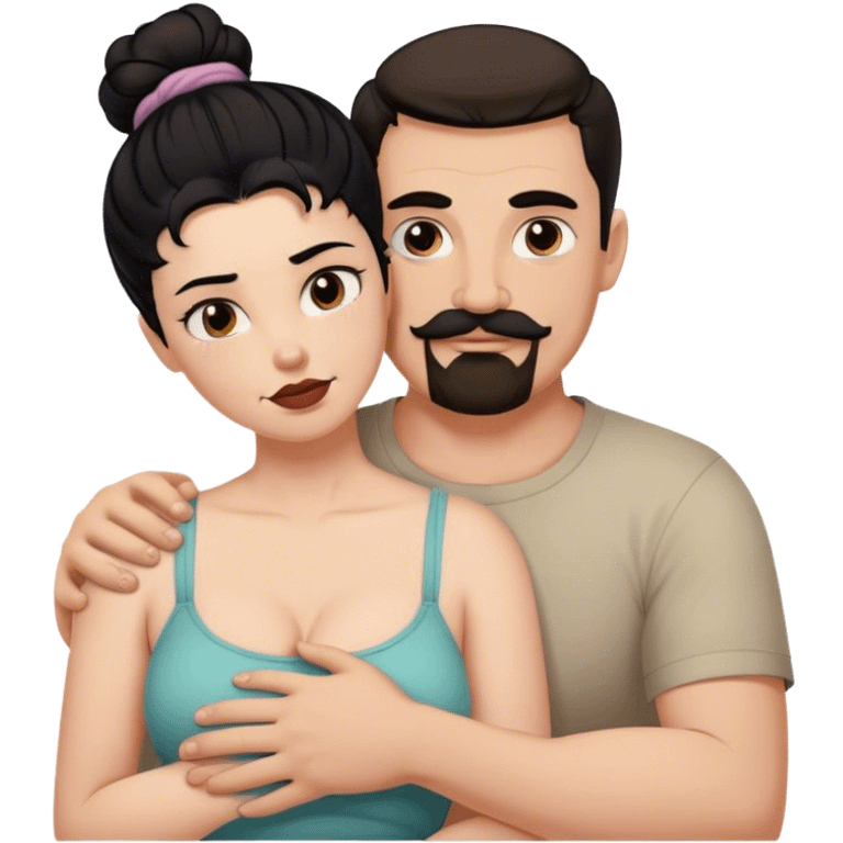 Tall strong white man with brown mustache goatee hugging a chubby short pale woman with messy black hair bun emoji