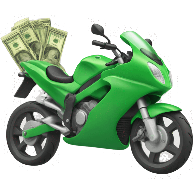 Green motorbike with horse riding it, with flying money emoji