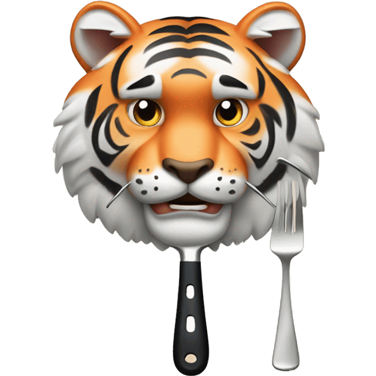 a muscular grinning tiger holding a fork poking into a fillet of salmon with the tip of its paws emoji