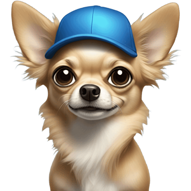 Chihuahua with long black hair held by old man with blue eyes goatee in ball cap emoji