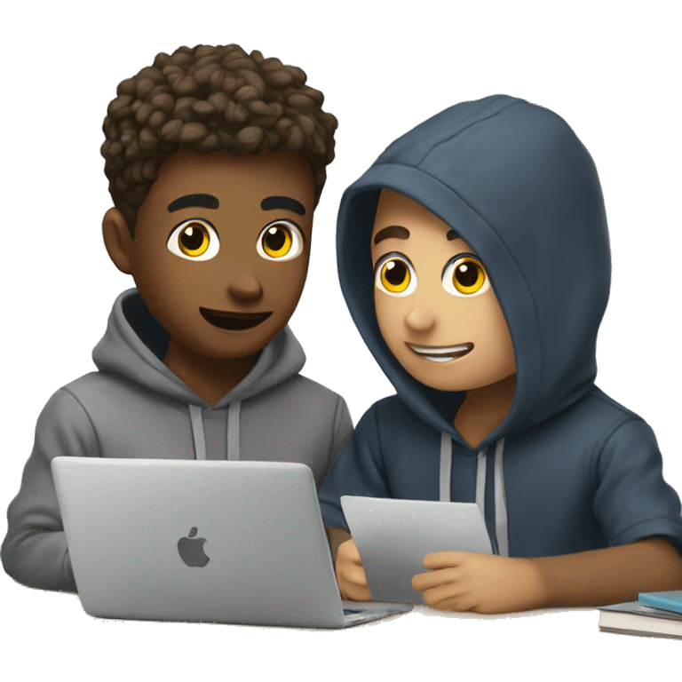 Young man with hoodie helping his friend to learn how to use artificial intelligence  emoji