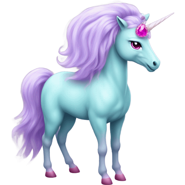 Pale lavender unicorn with bright pink hair and turquoise eyes with gemstone hooves  emoji