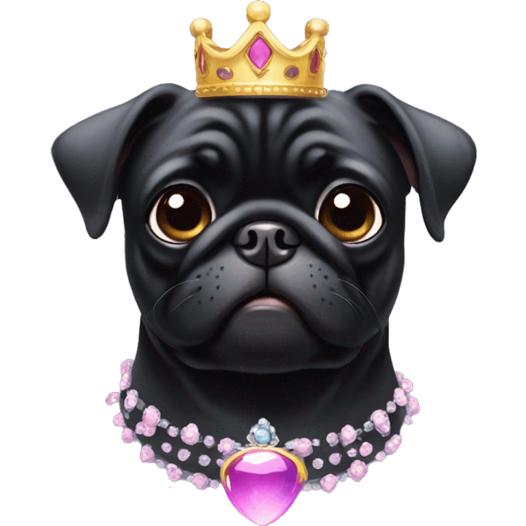 Black pug dog wearing a princess crown emoji