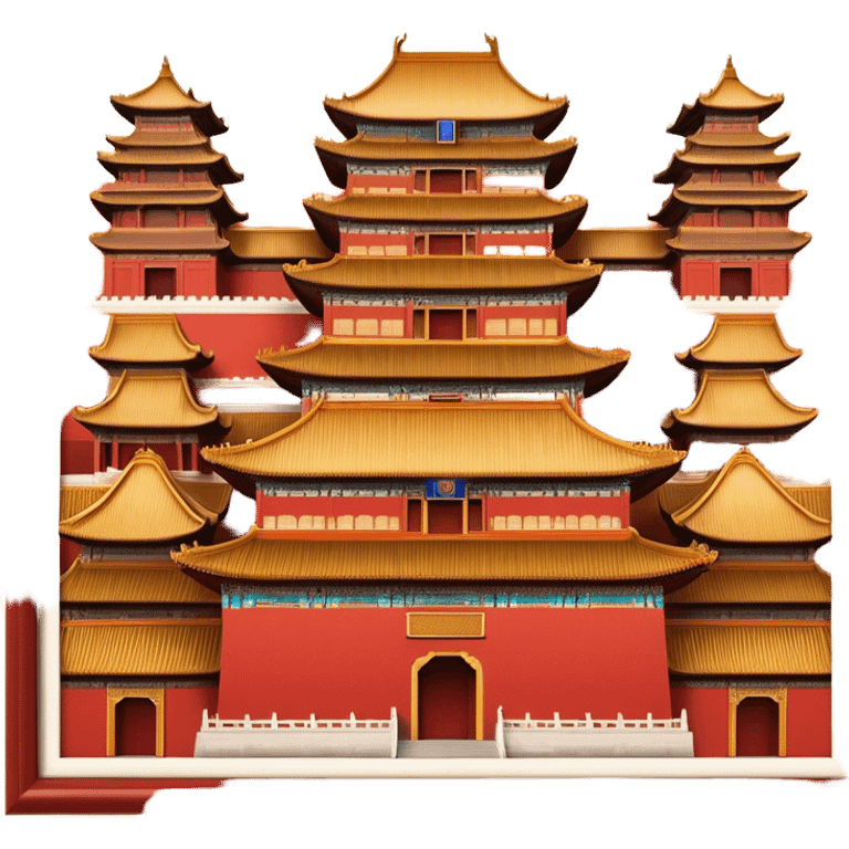 Cinematic Realistic Forbidden City Landmark Emoji, depicting grand imperial architecture with golden rooftops, vast courtyards, and intricate wooden carvings, all surrounded by towering red walls. emoji