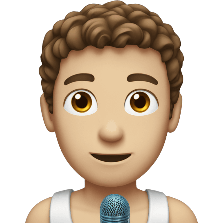 a guy with brown hair and blue eyes bare-chested with a microphone emoji