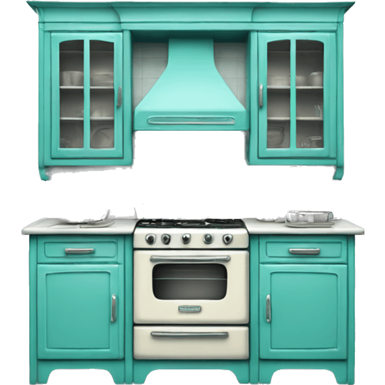 Isolated full length Realistic turquoise vintage retro kitchen range with cabinets and counters. emoji