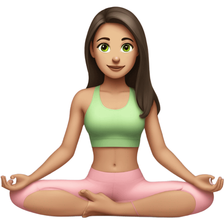 Dark brown long hair and green eyes yoga beautiful girl in light pink pink pink clothes sitting on a yoga mat emoji