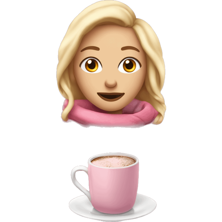 Blonde girl wrapped up in bed with a pink blanket and a mug of hot chocolate emoji