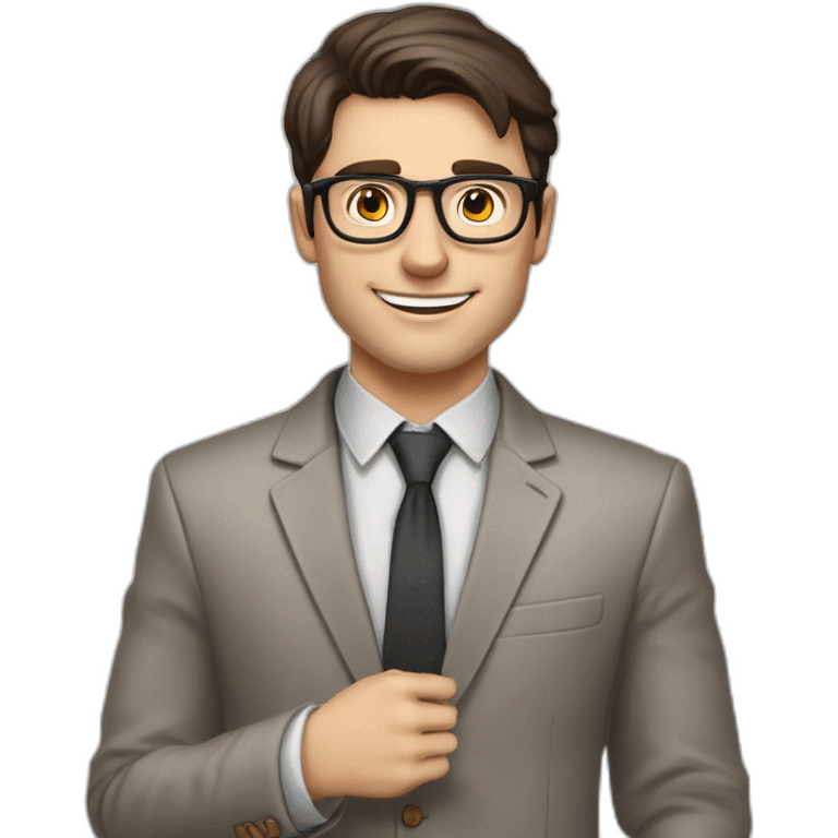 Pale skinned fit man with dark brown hair in gray jacket, beige office shirt, brown tie, brown pants and vintage glasses Writing on the flipchart emoji