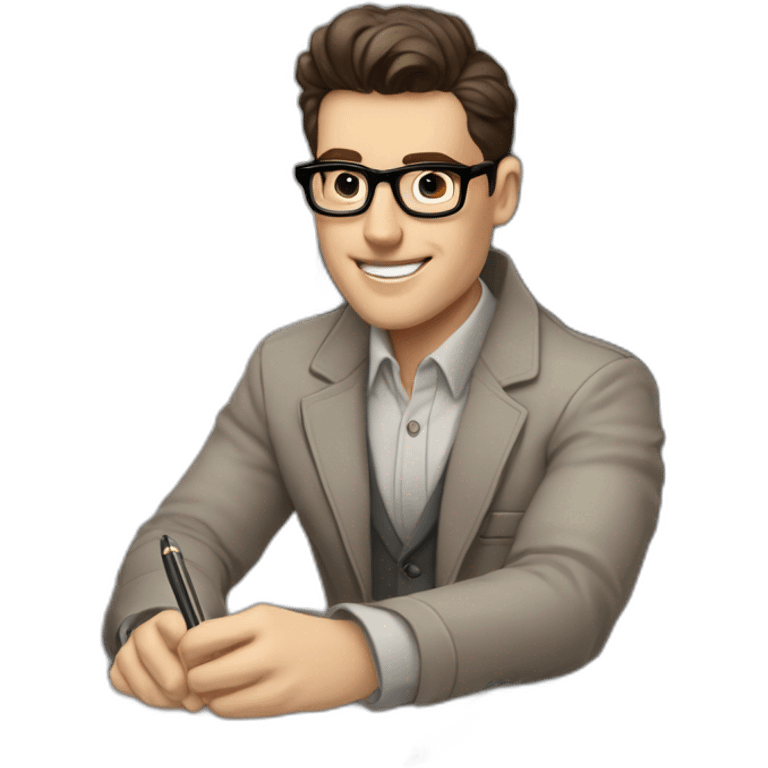 Pale skinned Fit Man With dark brown hair in gray jacket, beige office shirt and vintage glasses sitting In a soft chair with a notebook with emblem Ψ and a pen in his hands emoji