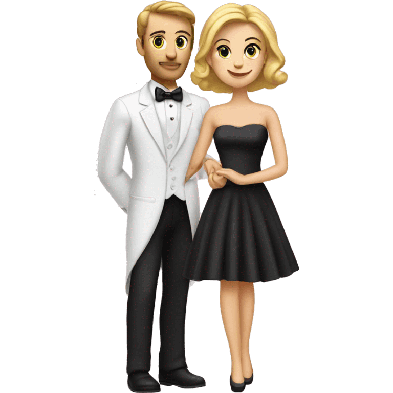 Caucasian couple in tuxedo and pink gown dramatically posing together  emoji