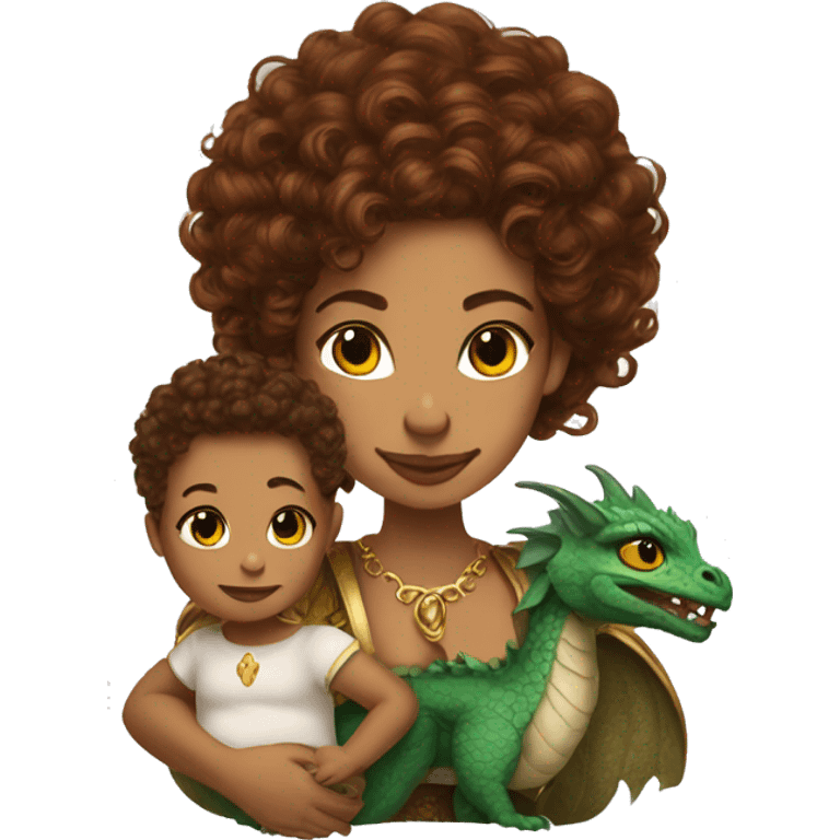 queen with brown curly hair and a baby dragon on her shoulder emoji