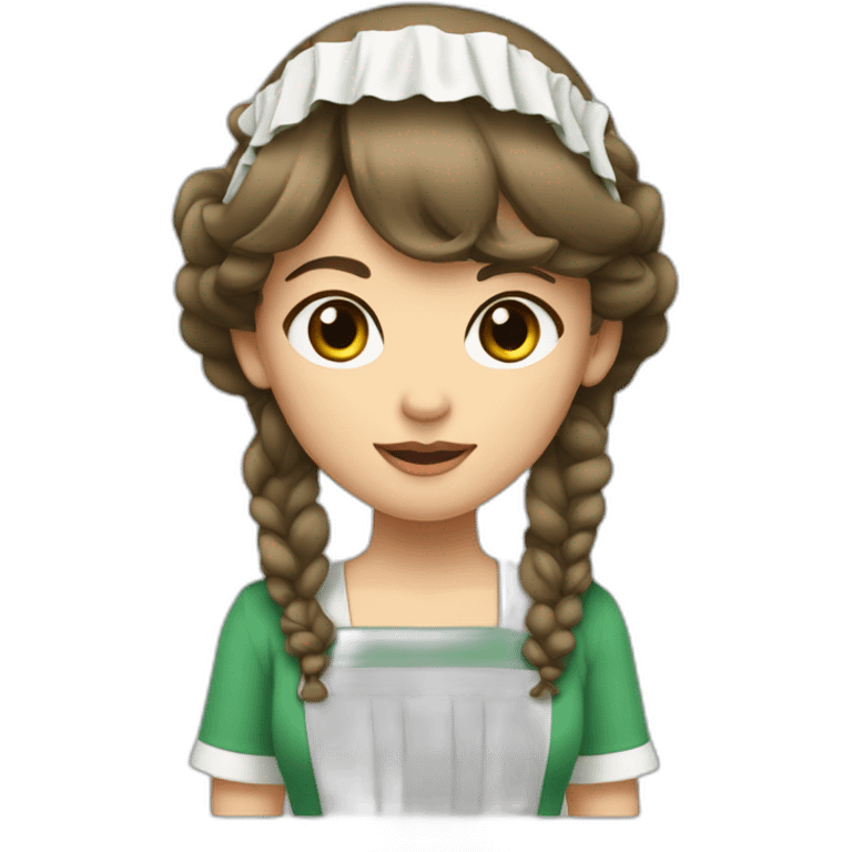 Maid with white skin, brown eyes and brown hair and bangs and side parted hair on her head with green headdress emoji