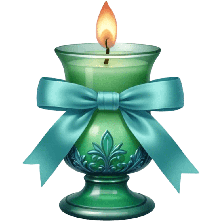 A soft blue candle in an ornate green glass holder, tied with a delicate satin blue bow. emoji