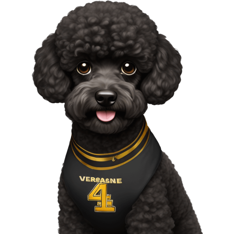 A black miniature poodle with a shaved face and a black collar with gold Versace emblems on it wearing an Arizona state #4 football jersey  emoji