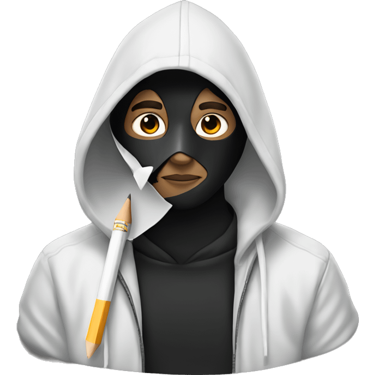 White Male artist wearing white drama mask and black hoodie holding pencil emoji