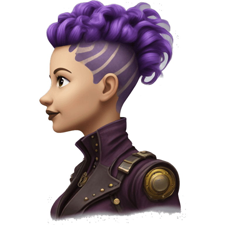 Photorealistic steampunk profile short mohawk purple wavy  on Caucasian girl with small nose round face emoji