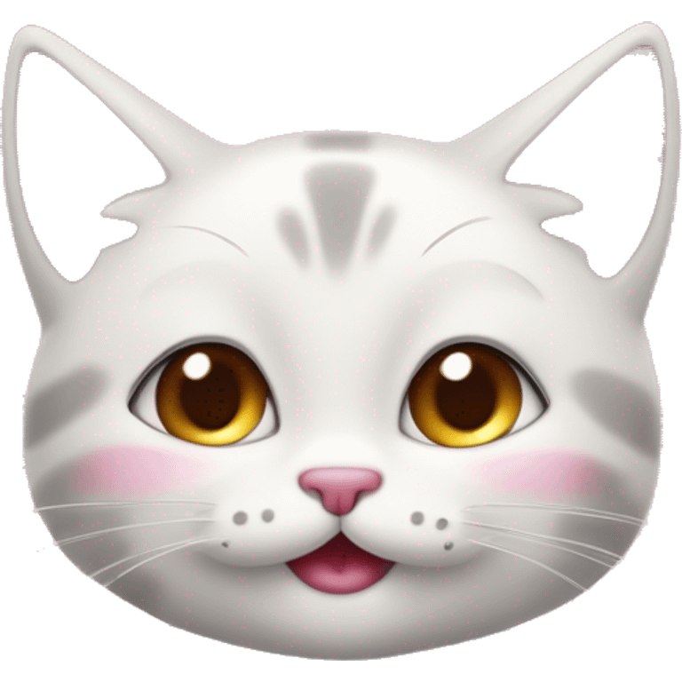 Crée un emoji représentant un adorable chaton souriant avec de grands yeux brillants et des joues roses. Le chaton doit avoir des oreilles pointues et une petite langue qui sort de sa bouche, donnant une impression de joie et de malice emoji