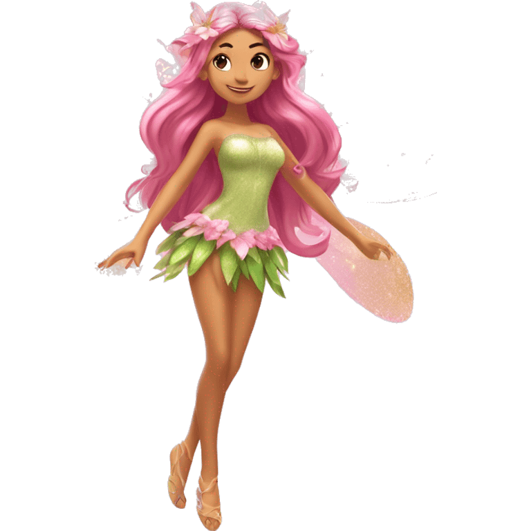 Flora the adult latina fairy of nature in her enchantix fairy pink clothing and fairy enchantix wings and long light brown hair from winx club. Small eyes, Lots of sparkles and fairydust. Full body and full fairy bliss emoji