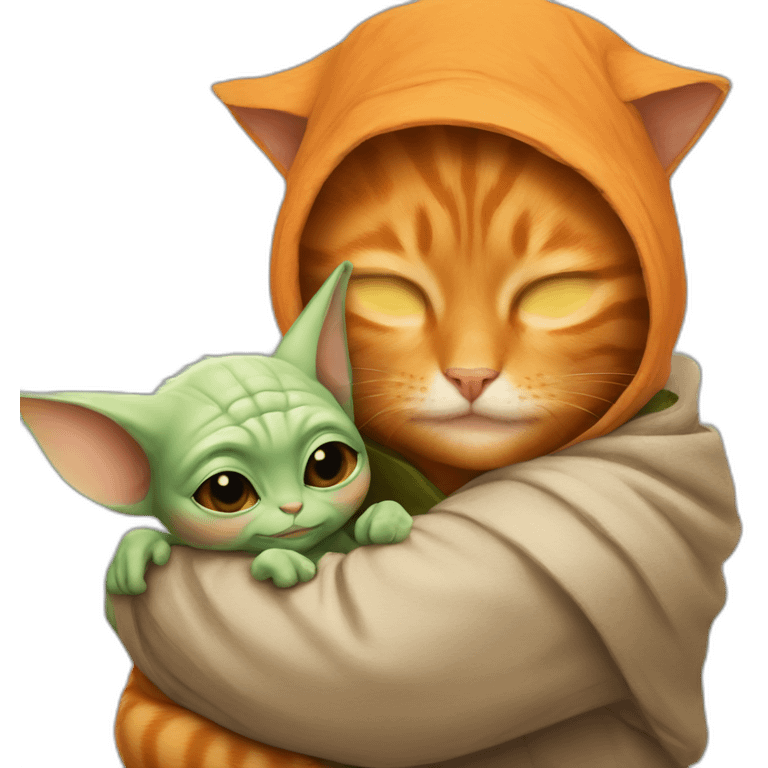 Orange cat and baby yoda hugging emoji