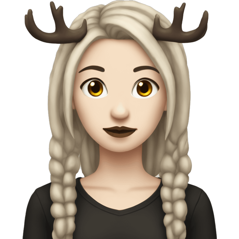 Portrait. Goth, deer girl. She has deer ears and antlers. Brown dreadlocks. White skintone emoji