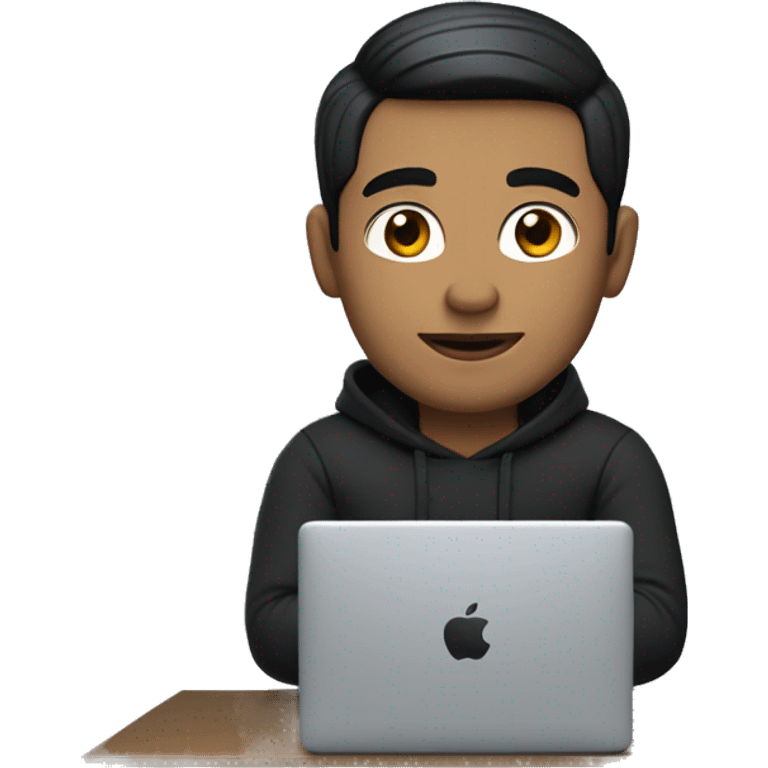 memoji of a man with a laptop in front, apple-style,modern,fair white skin,black hair,black sweater,computer in hand,sitting on his desk emoji