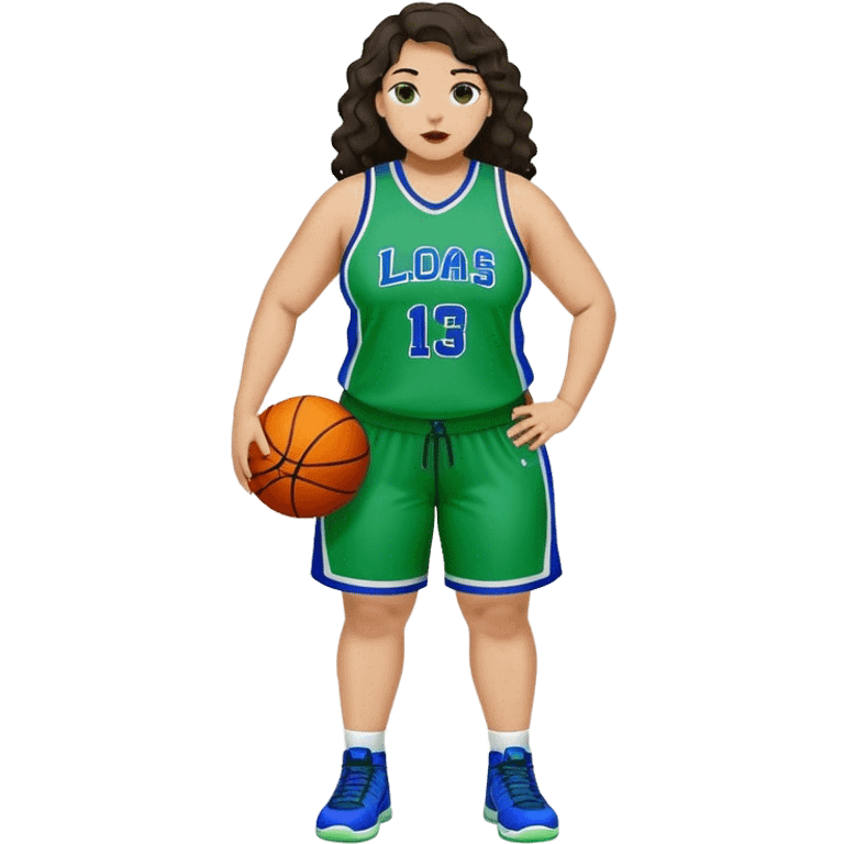 full body plus size light skin latino women basketball player with wavy dark hair large wide nose wearing blue with green uniform emoji