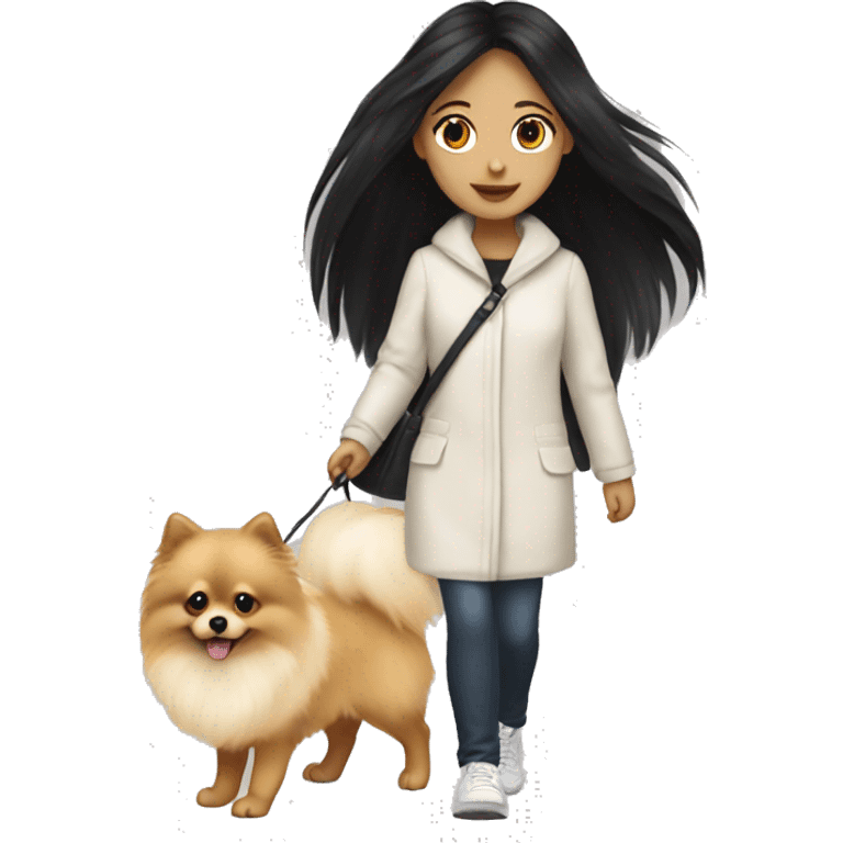 pale girl with long black hair walking with pomeranian emoji