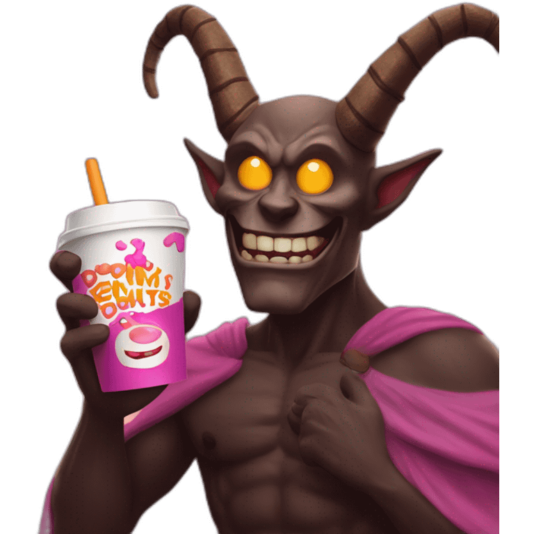 a demon holding a dunkin donuts coffee cup emoji