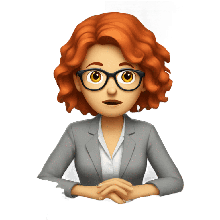 red hair woman wearing glasses sad frustrated desk monitor stack paper emoji