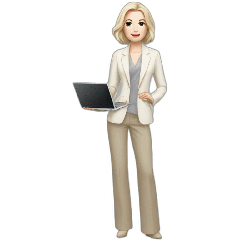 pale skin woman with ash blonde Straightened bob Hair, White Spacious classical jacket, beige palazzo Arrow pants and gray blouse holding a MacBook in the hands emoji