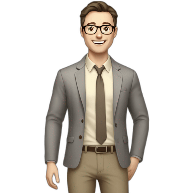 Joyful Full height Pale skinned Fit Man With dark brown hair in gray jacket, beige office shirt, Brown pants and vintage glasses. His thrumbs up emoji