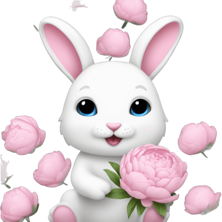 cute white bunny holding light pink peonies emoji