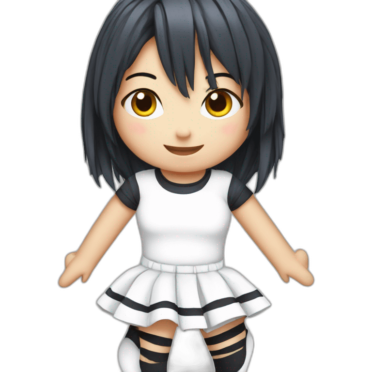 Frontal view curvy emo girl sits white skirt striped stockings hands up emoji