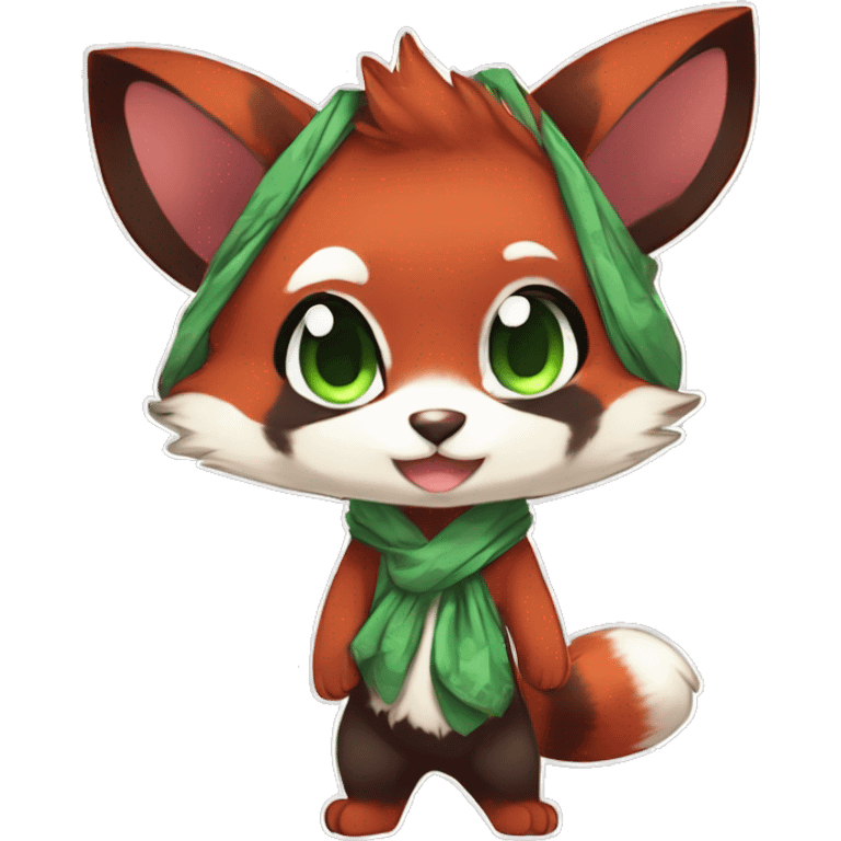 Cute, Chibi, Kemono-style, Anthro, Fur-Sona, Dark-Red, RedPanda-Mouse-hybrid-Transformice-Fakémon, with a green bandana, full body emoji