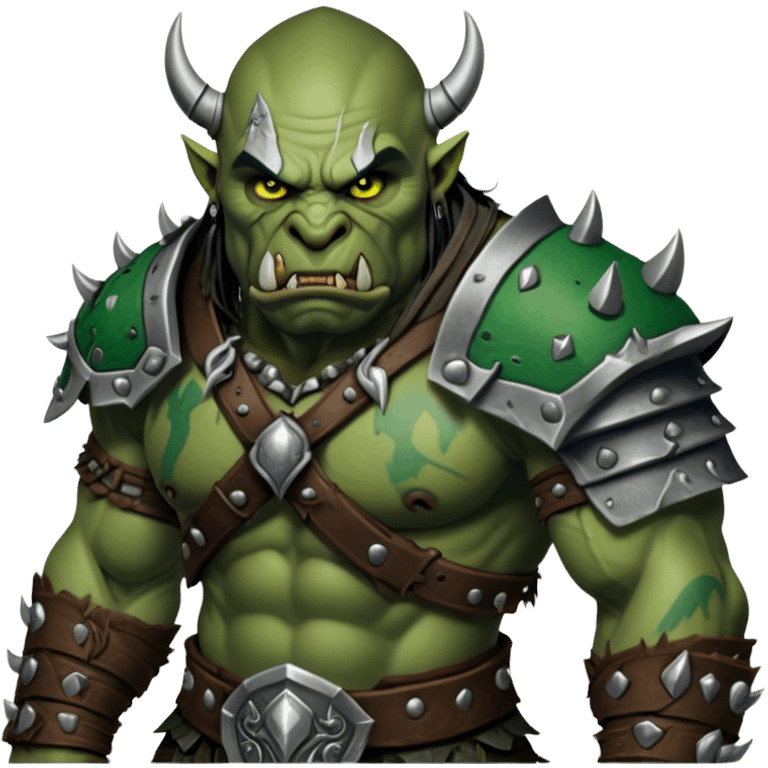 Cinematic Realistic WoW Orc Warrior Portrait, depicted with battle-scarred, rugged green skin and a powerful, muscular build that radiates primal strength. Clad in intricately detailed tribal armor accented with dark leather and iron embellishments in deep, earthy tones, his fierce eyes and determined expression exude honorable might. Rendered with lifelike texture and dramatic natural lighting, high shine, noble and formidable, capturing the essence of a legendary orc champion. emoji